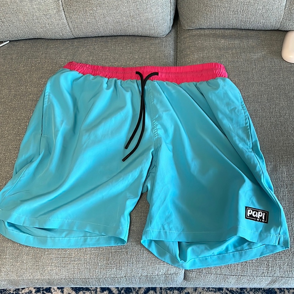 Berry Beachy Swimwear Papi Swim Trunks Tropical “Miami Vice Blue” 7.5” Medium
